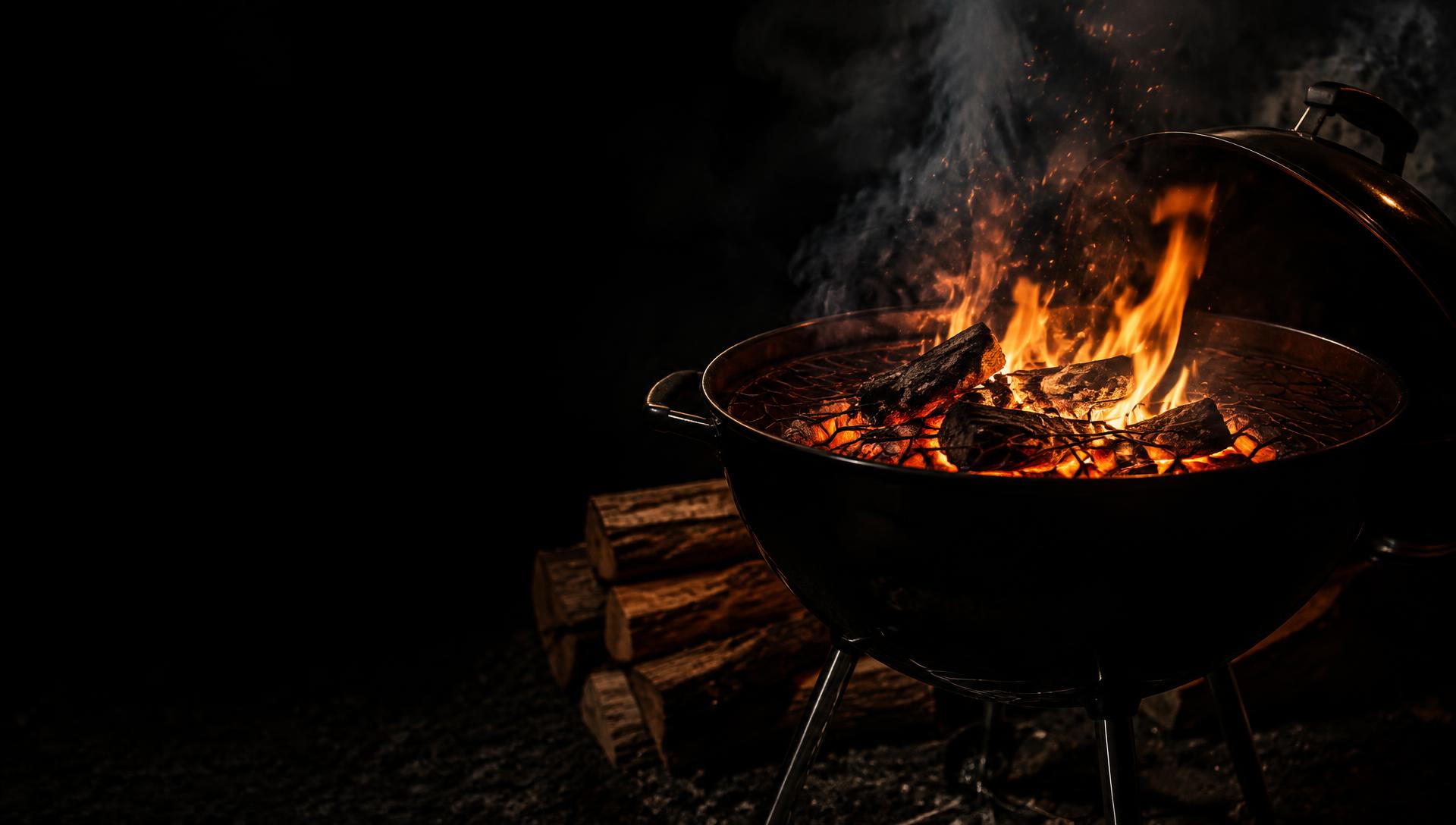 Glühende Kohlen und Flammen in einem Grill bei Nacht
